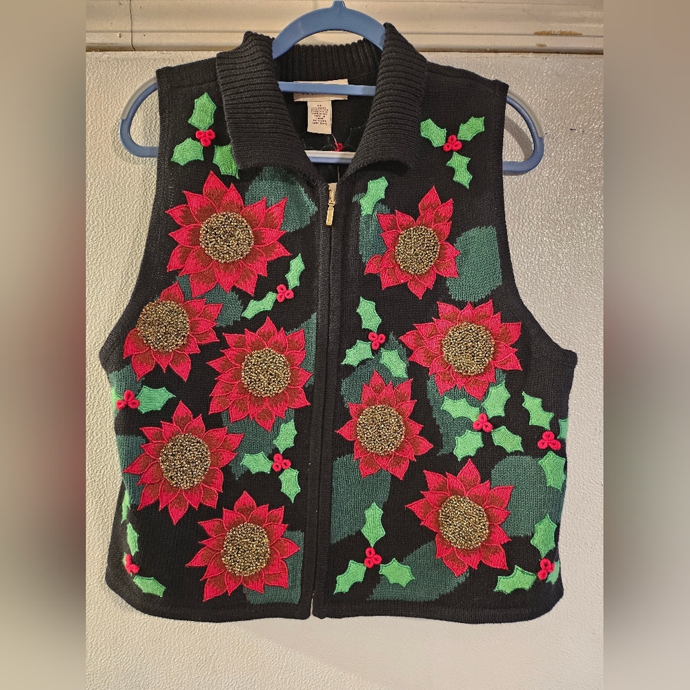 Bechamel Ugly Christmas Sweater Vest Poinsettias/ Holly Med Nwt